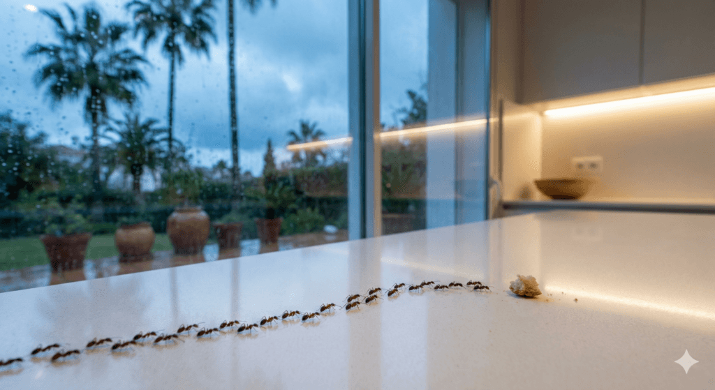 Primer plano macro de una plaga de hormigas negras formando una larga fila sobre una encimera de cocina blanca, dirigiéndose a restos de comida. El fondo muestra un día de lluvia, momento común para infestaciones en interiores que requieren control de plagas