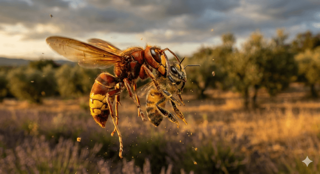 Fotografía macro de una avispa oriental (Vespa orientalis) capturando una abeja de la miel en el aire. Se aprecian las dos bandas amarillas características en el abdomen de la avispa.