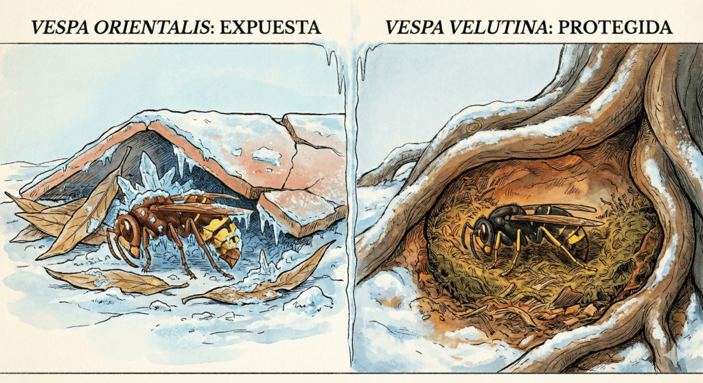 Ilustración comparativa: A la izquierda, una reina de Vespa orientalis sufriendo el frío bajo una teja helada; a la derecha, una Vespa velutina hibernando protegida bajo tierra en las raíces de un árbol