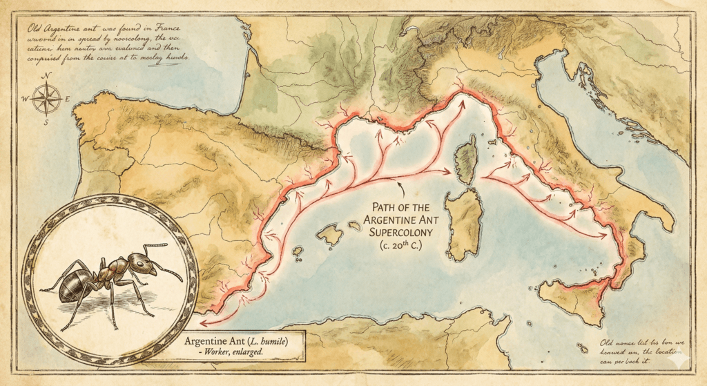 Ilustración de mapa antiguo que muestra la ruta de expansión de la supercolonia de hormiga argentina una plaga invasora, a lo largo de la costa mediterránea de España y el sur de Europa