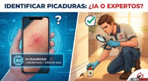 Comparativa entre fallo de app móvil IA al identificar picaduras y técnico de RapiPlaga inspeccionando insecto real en vivienda