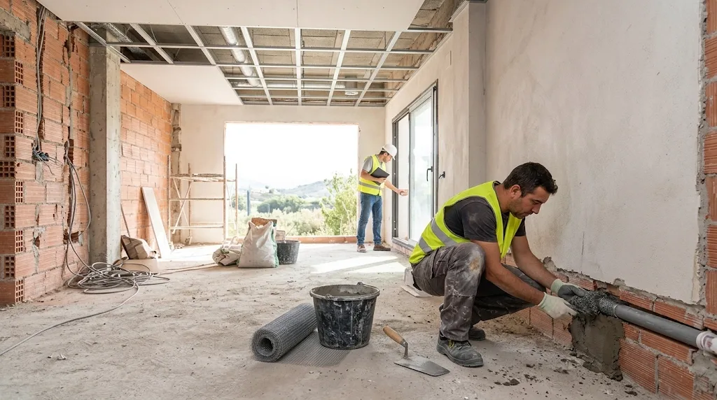 Worker sealing a pipe penetration in a brick wall with mortar during a renovation, one of the physical exclusion measures against pests